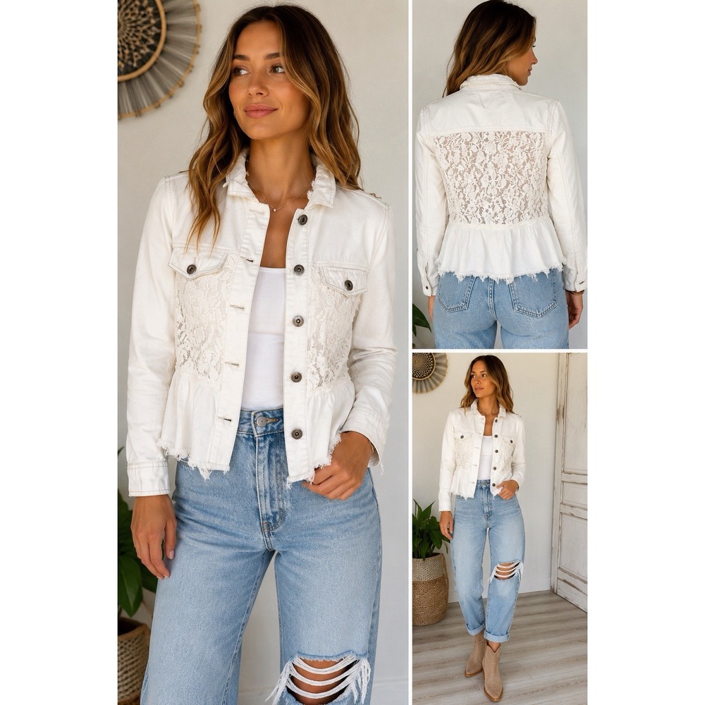 Penelope White Lace Denim Jacket Peplum Frayed Hem Women's Medium Vintage Y2K